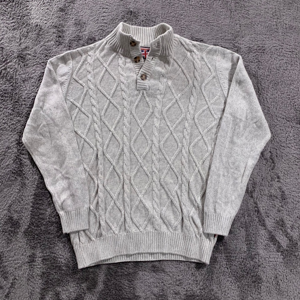 Soul of London Mens Light Grey Cable Knit Mock‎ Neck Button Sweater Size M Rare